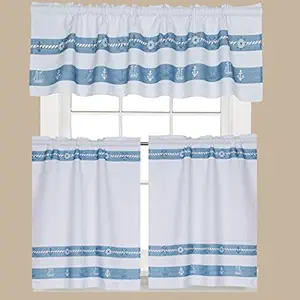 Outgeek Curtain Valance Kitchen Tier Curtain Simple Printing Cotton Window Curtain Valance with 2 Curtain Tier 2 Sizes WhiteandSky Blue S