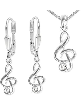 CLEVER SCHMUCK-SET Silberne Ohrhänger Mini Notenschlüssel mit Zirkoniastein und dazu passender Anhänger mit Kette...