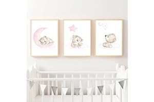 Youihom Lot de 3 Affiches Ourson Bébé Nuage Etoiles Lune Rose et Beige Poster Nordique Tableau Chambre Enfant Garcon Fille Toile 30x40 sans Cadre