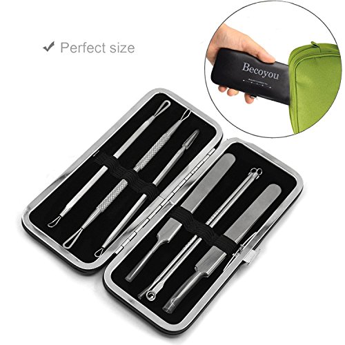 Becoyou 7 Stücke Mitesserentferner mit Lederhülse – Komedonenquetscher Set aus Edelstahl – Nagelhautschieber Werkzeug Pickel Whiteheads Akne Extraktoren für Gesundheit Behandlung - 2
