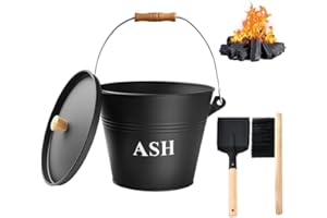 VNIERXFUL Ash Bucket with Lid Shovel and Hand Broom, 5L Fireplace Metal Bucket Reinforced Base & Ash Can, Fire Pit,Wood Burning Stove for Fireplace, Galvanized Iron Tool Set Accessories