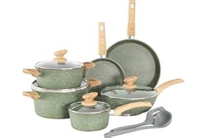 Kitchen Academy Set di pentole con rivestimento antiaderente, 12 pezzi, set di pentole e padelle con coperchio, pentole e padelle per induzione, fornelli a gas e microonde, verde, KA-CS01-001