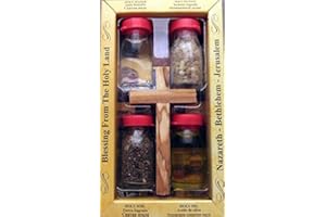 GLOBAL RELIGIOUS GIFTS Holy Land souvenir 4 bottle set with a handmade Olivewood cross. All include Holy Earth from Jerusalem, Holy Olive Oil from Bethlehem, Holy Water from the Jordan River and Incense from the Holyland