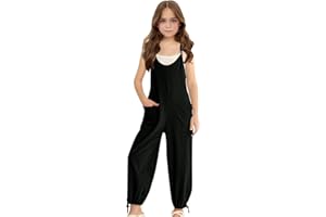 duxyoz Girls Casual Jumpsuits Spaghetti Strap Sleeveless Loose Comfortable Overalls Kids Rompers Long Pants with Pocket Teen Girls Baggy Plain Playsuits Dungarees for School Street Travel