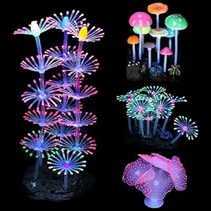 Mangsen 4 Pack Glow Aquarium Decorations Coral Reef Glowing Mushroom Anemone Simulation Coral Plant Glowing Effect Silicone for Fish Tank Decorations