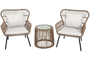 SIGNATURE HOMES AND GARDENS SH&G Weston Wicker Bistro Set | 3 Piece Rattan Wicker Garden Furniture | Natural Brown Drinks Table and Armchairs