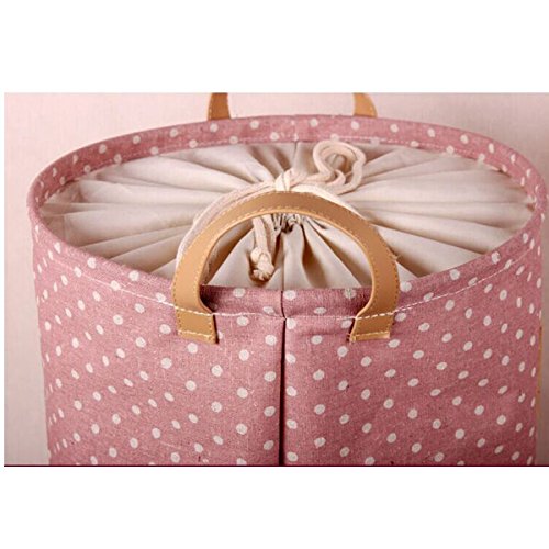 Addfun®Prämie Stoff Faltbare Runden Wäschekorb,Gestreift Kleider Wäschekorb Kinder Spielzeug Lagerung Halter mit Lids(Rosa Punkt) - 2