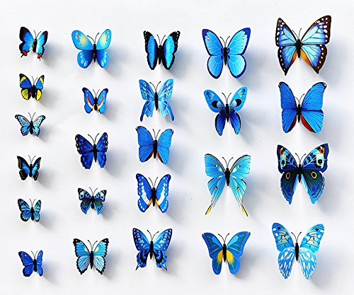 UWILD® 3D Schmetterling wandaufkleber 3D Wandtattoo Wand Aufkleber Wandsticker Schmetterling Aufkleber Schmetterlinge im 3D-Style Wanddekoration mit Klebepunkten zur Fixierung (Klebepunkten+ Magnet) (12 Blau+12 Lila) - 3