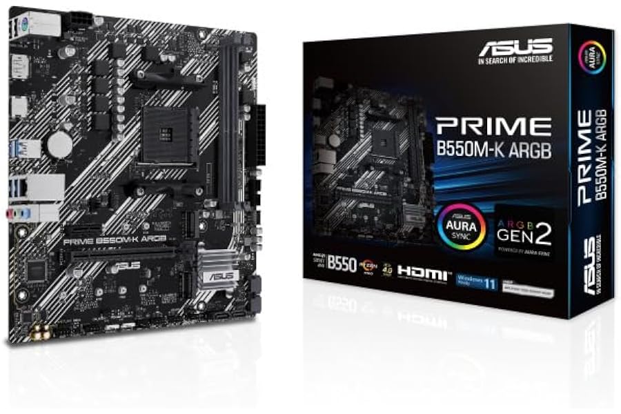Amazon listing image: ASUS Prime B550M-K ARGB AMD B550 (Ryzen AM4) mATX Motherboard with Dual M.2 Slots, PCIe…