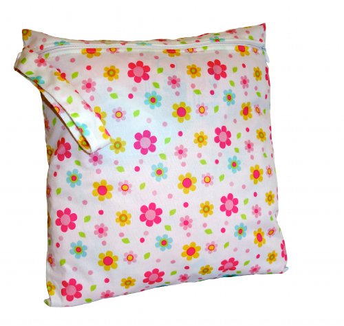 FAB4BABYSTARS Flowers Wet Bag, Holiday Bag, Toiletry Bag, Peg Bag, made with STRETCHY PUL (Waterproof Material), White, Pink, Yellow