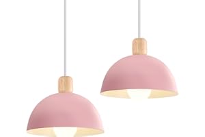 iDEGU Pack of 2 Pendant Lamps Diameter 20 cm Retro E27 LED Pendant Light Modern Scandinavian Ceiling Light Made of Metal Wood Pendant Light for Bedroom Dining Room Kitchen Restaurant (Pink, 2 Lamps)