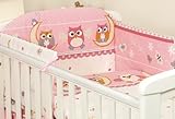 3 PCS BABY BEDDING SET TO FIT COT & COT BED - 100% Cotton (to fit cot 120x60cm mattress size, Pink & White Owls)
