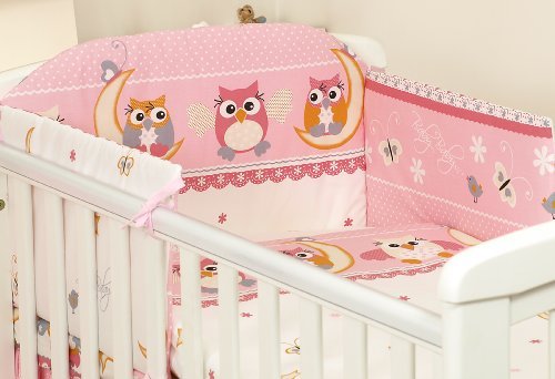 3 PCS BABY BEDDING SET TO FIT COT & COT BED - 100% Cotton (to fit cot 120x60cm mattress size, Pink & White Owls)