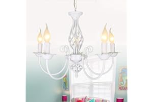 ENXING Pendentif Lampe Rétro Lustre Abat-Jour Restaurant Classique Bougie Lustre En Pendentif Réglable En Hauteur E14 Lampe Suspendue En Fer Forgé,Suspension Lustre Chandelier Luminaire,Blanc,5 heads /54cm