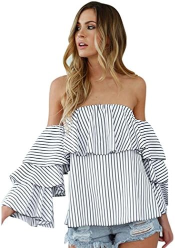 Women's T-shirt, Manadlian 2017 New Arrival Fashion Women Striped Long Sleeve Off Shoulder Pullover Casual Blouse Loose T-Shirt (White, M)