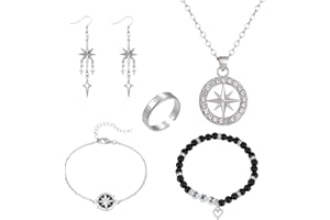 XFSRG 5 Stück SKZ Schmuckset Damen und Mädchen Glamour Achtzackiger Stern Anhänger Halskette Ohrringe Armband und Ring Set Geschenk für Frauen Männer