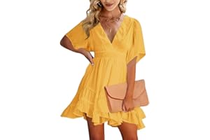 Imily Bela Damska sukienka letnia, dekolt w serek, krótki rękaw, sukienka rekreacyjna, falbanki, wysoka talia, swing, mini sukienka plażowa, linia A, jednokolorowa