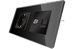 CNBingo Glass Schuko Socket Flush With Combination Cat6 Network TV, Single Socket Black, Wall Socket Easy With Glass Frame