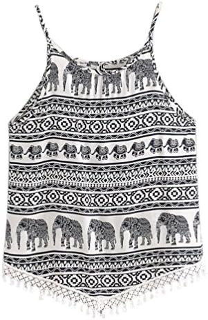 Women Teen Girl Tunic Tops Spaghetti Strap Tops Printing Tassels Blouse Casual Beach Shirts Vest Tank Cami Tops (Black, L)