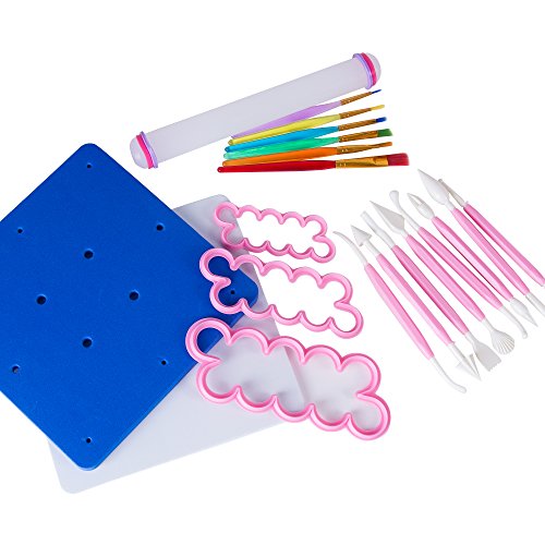 Rosalina – 20-teiliges Set mit 12 Größen einfaches Rosenwerkzeug/ Stecher + 8-teiliges Formwerkzeugset, 2 Blumenschaummatten, 23cm/ 9inch Teigrolle mit Antihaftungsbeschichtung und Markierungen, 6 verschiedene Dekorationspinsel. Für Zuckerkunst, Glasuren, Kuchen, Cupcakes + KOSTENLOSE ANLEITUNG MIT IDEEN - 5