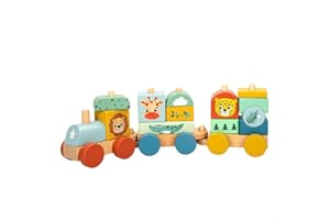 WOOMAX - Tren Juguete Madera con Animales, Zookabee, 3 vagones, 13 Piezas apilables, Selva, Trenes de Juguetes para niños, Motricidad Fina, Juguetes niño 18 Meses, Juego apilar, FSC (47584)
