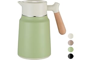 VETIN 1,5L Thermoskanne 304 Edelstahl Doppelwandige Vakuumisolierung, Kaffeekanne Thermo mit Holzoptik Griff, Isolierkanne 12h Hitze / 18h Kälte (grün)