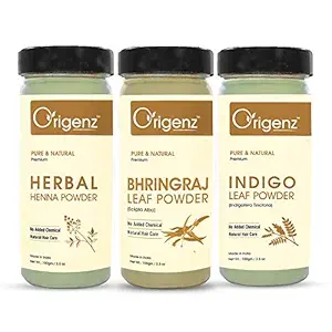 Origenz Premium Hair Care Combo (Herbal Henna Powder 100gm + Indigo Powder 100gm + Bhringraj Powder 100gm)