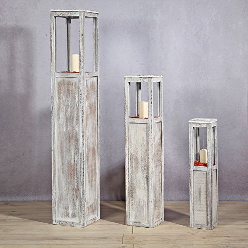 3er Set Windlichtsaeule Laterne Windlicht mit Glas Scheiben Weiß Rustikal Holz - 2