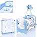 Produktbild PRINZ blau Babyzimmer Möbel Komplettset für Jungs mit Kinderbett 120x60 Wickelkommode 9 teiligen Bettwäsche Set weiss