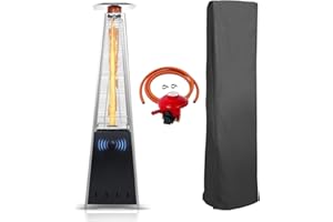 BU-KO Outdoor Patio Gas Heater | Garden, Camp, BBQ Parties | Stainless Steel Pyramid Style 13kw Propane Burner | Portable Wheels, Regulator & Hose | LPG Warm Heating Fire & Water Proof Cover Included