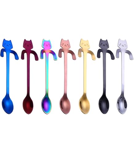 Lot 7 Cuillères à Café Chat Acier Inoxydable - Mini Cuillères Mignonnes Kitten Design Multicolores