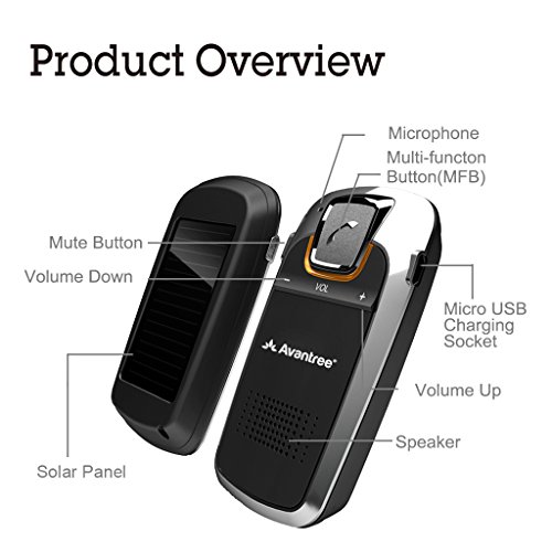 [2 Year Warranty] Avantree Bluetooth Car Kit with Solar Charging for Handsfree Call, GPS and Music, Wireless Visor Speakerphone, Connect Two Phones