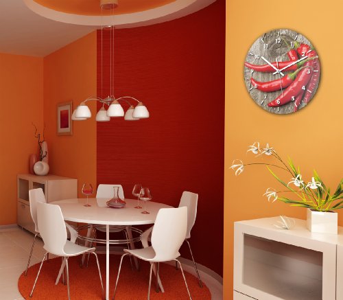 Wanduhr mit Motiv – Peperoni – aus Echt-Glas | runde Küchen-Uhr | große Uhr modern - 2