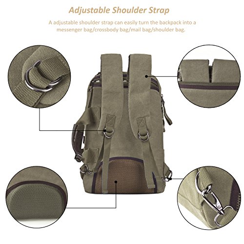 Canvas Rucksäcke, 3-Wege Konvertierbar Rucksack von EKOOS Multifunktional Verformbarer Retro Laptoprucksack Schultasche Reisetasche, Perfekt für Büro, Schule, Reisen und Jeden Tag (Armee-Grün) - 5