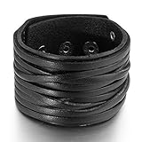 MunkiMix Large Alloy Genuine Leather Bracelet Bangle Cuff Black Silver Adjustable Men