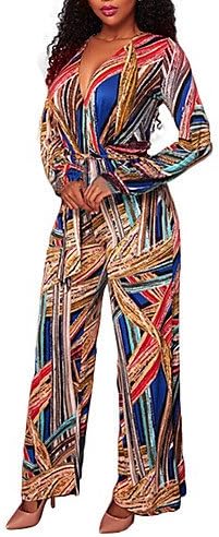 TT&amp;JINSHENKU Women's Going out Holiday Vintage Boho Color Block Deep V Jumpsuits,Slim Long Sleeve Spring Fall Polyster , rainbow , s