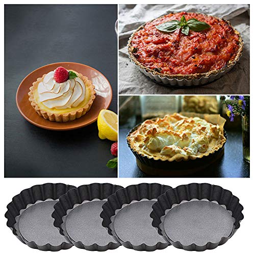 Behavetw 4 Pack Carbon Steel Non-Stick Fluted Baking Tray with Loose Bases, Round Mini Fruit Tart Tartlet Cake Pastry Baking Tray, 10cm (10cm)