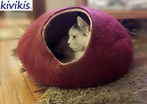 Sheeps wool cat cave / cocoon / bed BURGUNDY