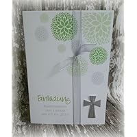 Einladung Einladungskarte Kommunion Konfirmation Blumen Taufe Kreuz silber grün