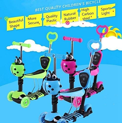 New 5 in 1 Kick Scooter With Flashing Wheels - Babies Toddlers Kids- 100% Money Back Guarantee (Pink, Lady Bug Face Front Basket Design)