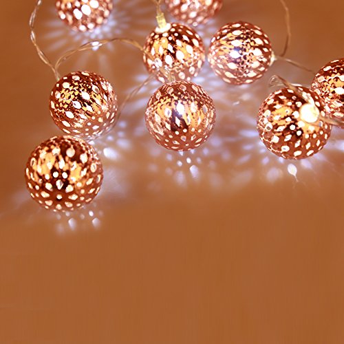 IntiPal 10er LED Lichterkette Silberne Goldene Roségold Kugeln Warmweiß Kaltweiß Bunt Weihnachtsdeko (Roségold mit Kaltweiß) - 4