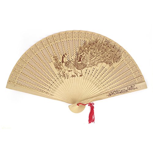 Preisvergleich Produktbild sourcingmap® Handwerkzeug Pfau Muster Sandelholz duftend Klappfächer Handfächer mit Quast de