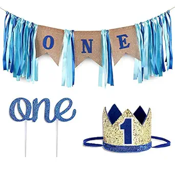 Baby 1st Birthday Boy Decorations with Crown - Baby Boy First Birthday Decorations High Chair Banner - Cake Smash Party Supplies - Happy Birthday ONE Burlap Banner, No.1 Crown, Glitter Cake Topper