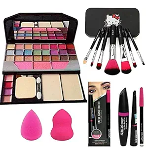 Womens & Girls TYA 6155 Multicolour Makeup Kit and 7 Black Makeup Brushes Set, 3in1 Eyeliner,Mascara,Eyebrow Pencil with 2 Pink Beauty Blenders - (Pack of 13)