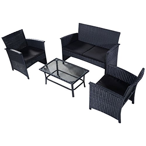 4tlg Poly Ratten Gartengarnitur Gartenmöbel Rattanmöbel Lounge Sitzgruppe Sofa Garten Set mit Glastisch Lounge Set Ratten Lounge Polyrattan Schwarz