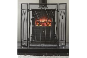 AuraHome Fire Screen Safety Guard Tri Fold Heavy Wrought Iron Flames Abbey Black Powder coated Free standing Folding 63cm Height x 82cm Width 6kg Spark Protection Essential for children & pets