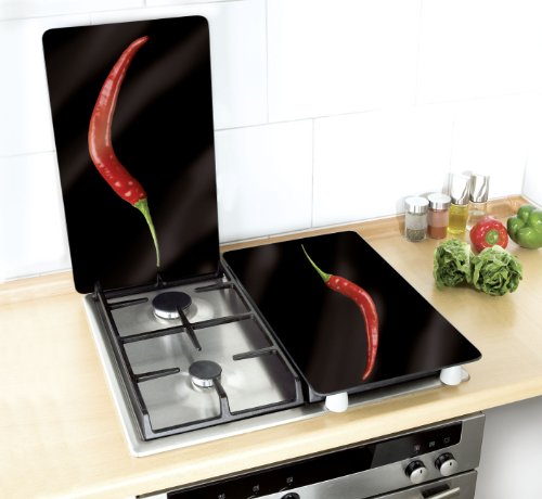 WENKO 2521380100 Herdabdeckplatte Universal Hot Peperoni – 2er Set, für alle Herdarten, Gehärtetes Glas, 30 x 1.8-4.5 x 52 cm, Mehrfarbig - 4
