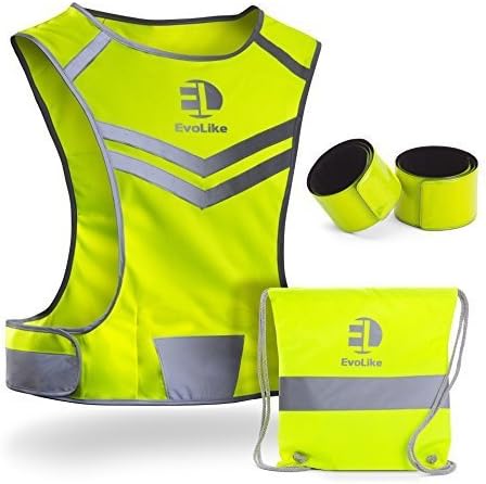Reflective Vest EvoLike of Unique Design for Running Walking Cycling Jogging Motorcycle with Pocket + 4 High Visibility Wristbands + Bag (Fluorescent Yellow, Size S/M)