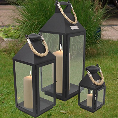 3tlg. Modisches Laternen-Set in Schwarz H24/41/55cm Metalllaterne Gartenlaterne Laterne Windlicht mit Aufhängung Metallgestell mit Glasfenstern Kerzenhalter Gartenbeleuchtung Dekoration - 4