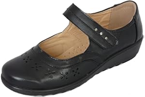 Cushion Walk Womens Ladies Lightweight Black Faux Leather Mary Jane Flats, Casual Work Office Comfort Shoes